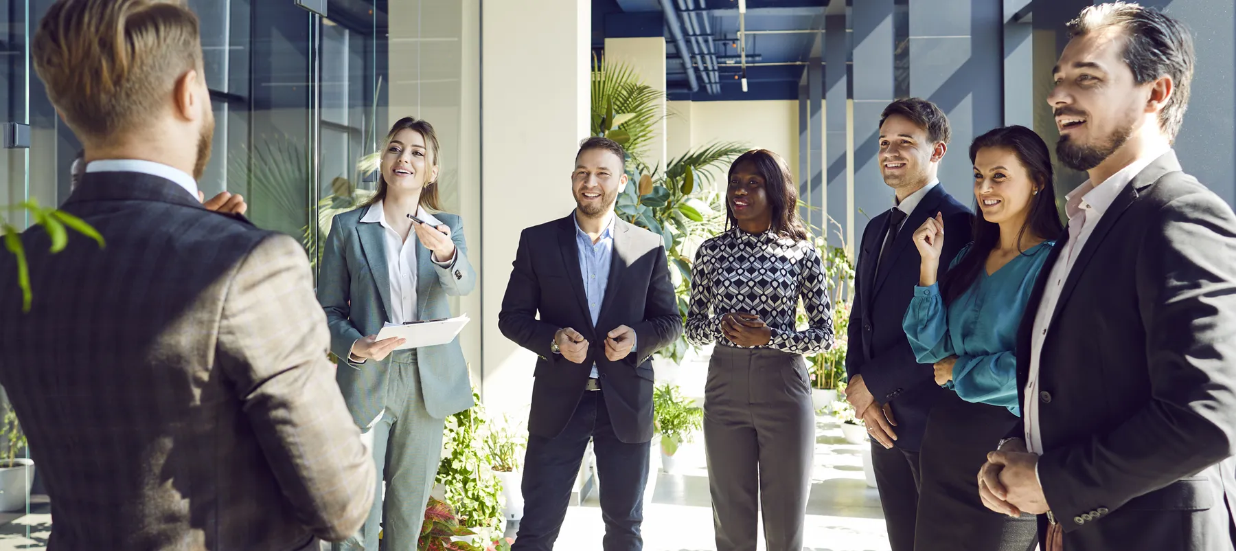 business people discussing work project standing in office