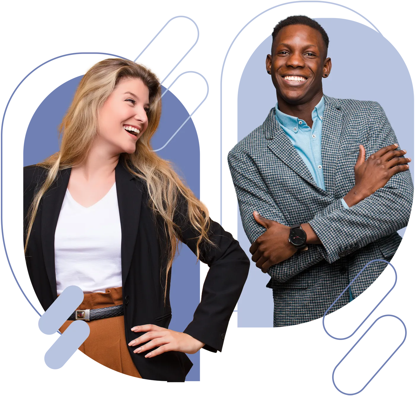 executives, woman and man smiling