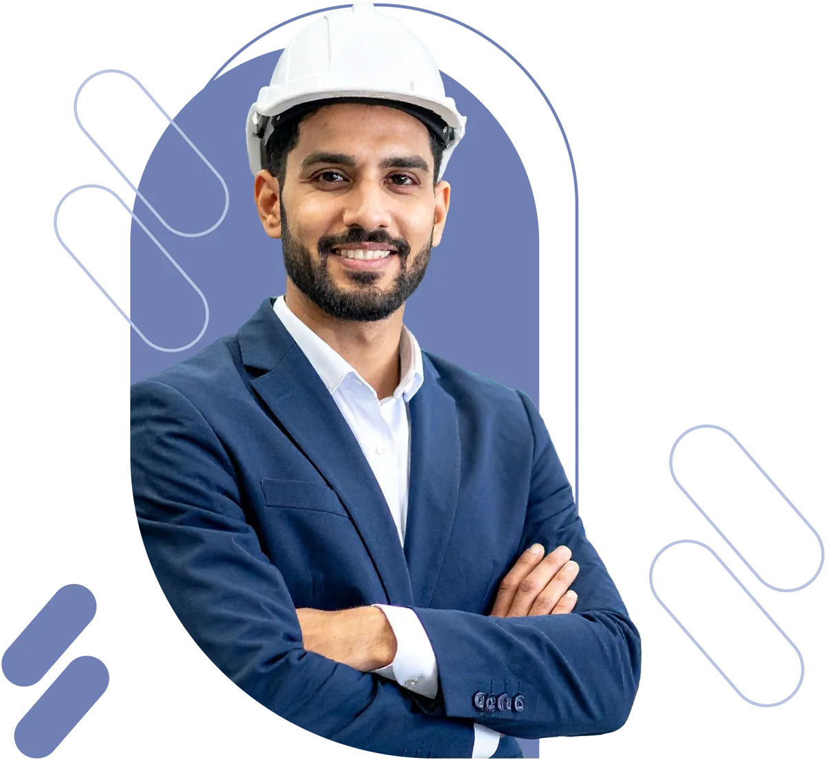 man wearing blue suit and hard hat