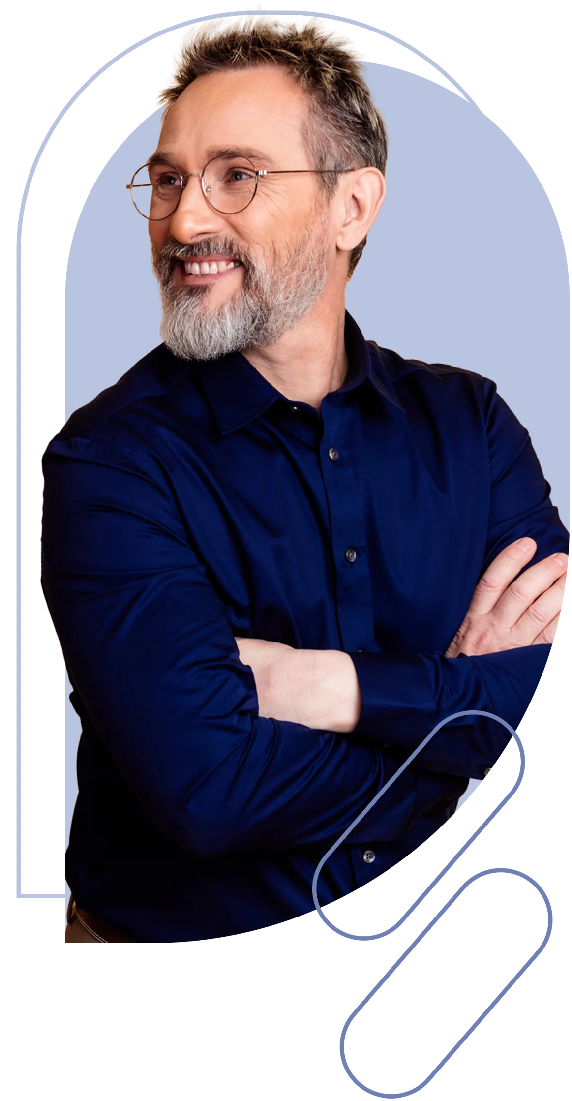 man with gray beard wearing blue shirt