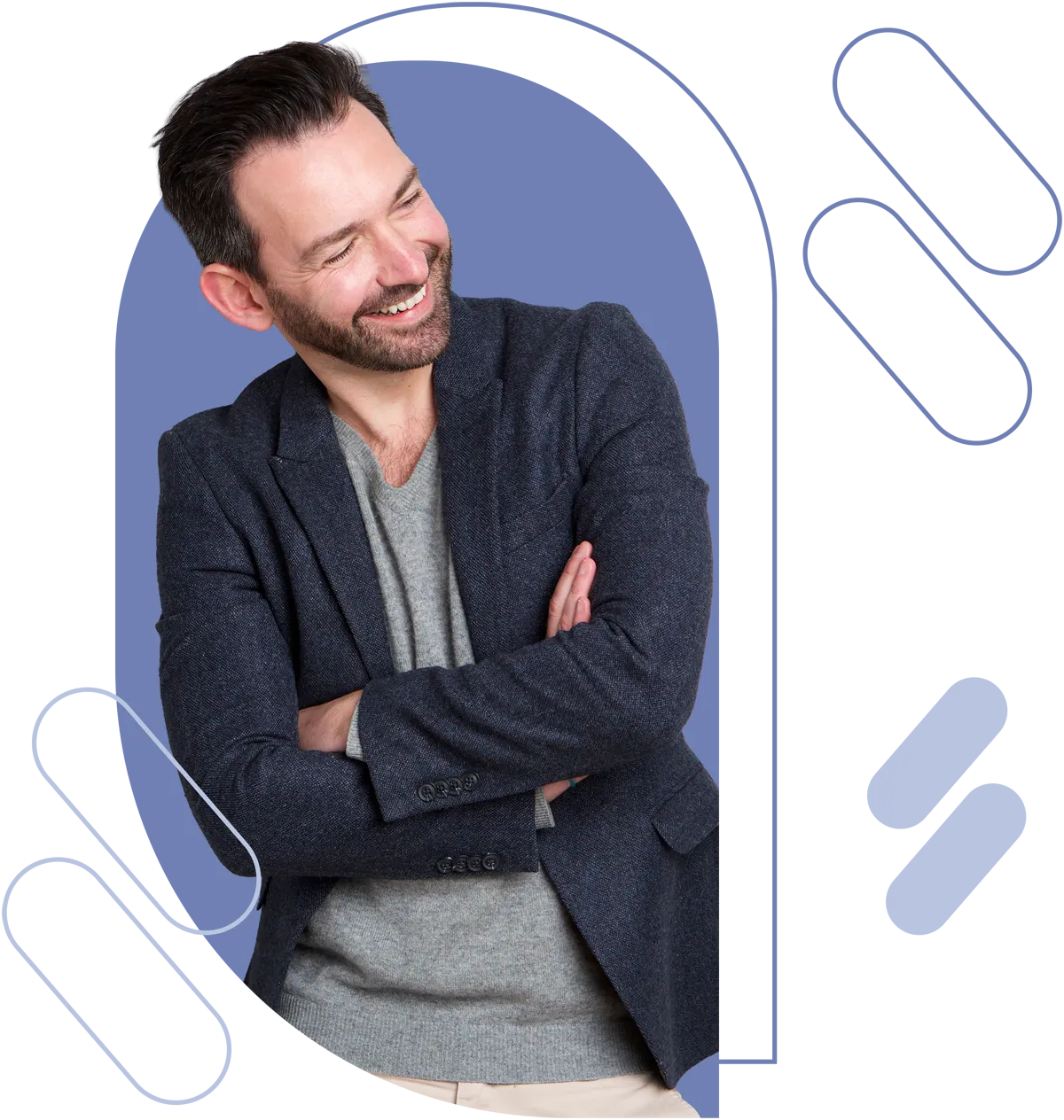 man wearing gray sweater with navy jacket