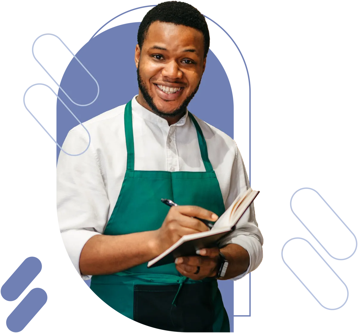 man wearing apron holding notepad