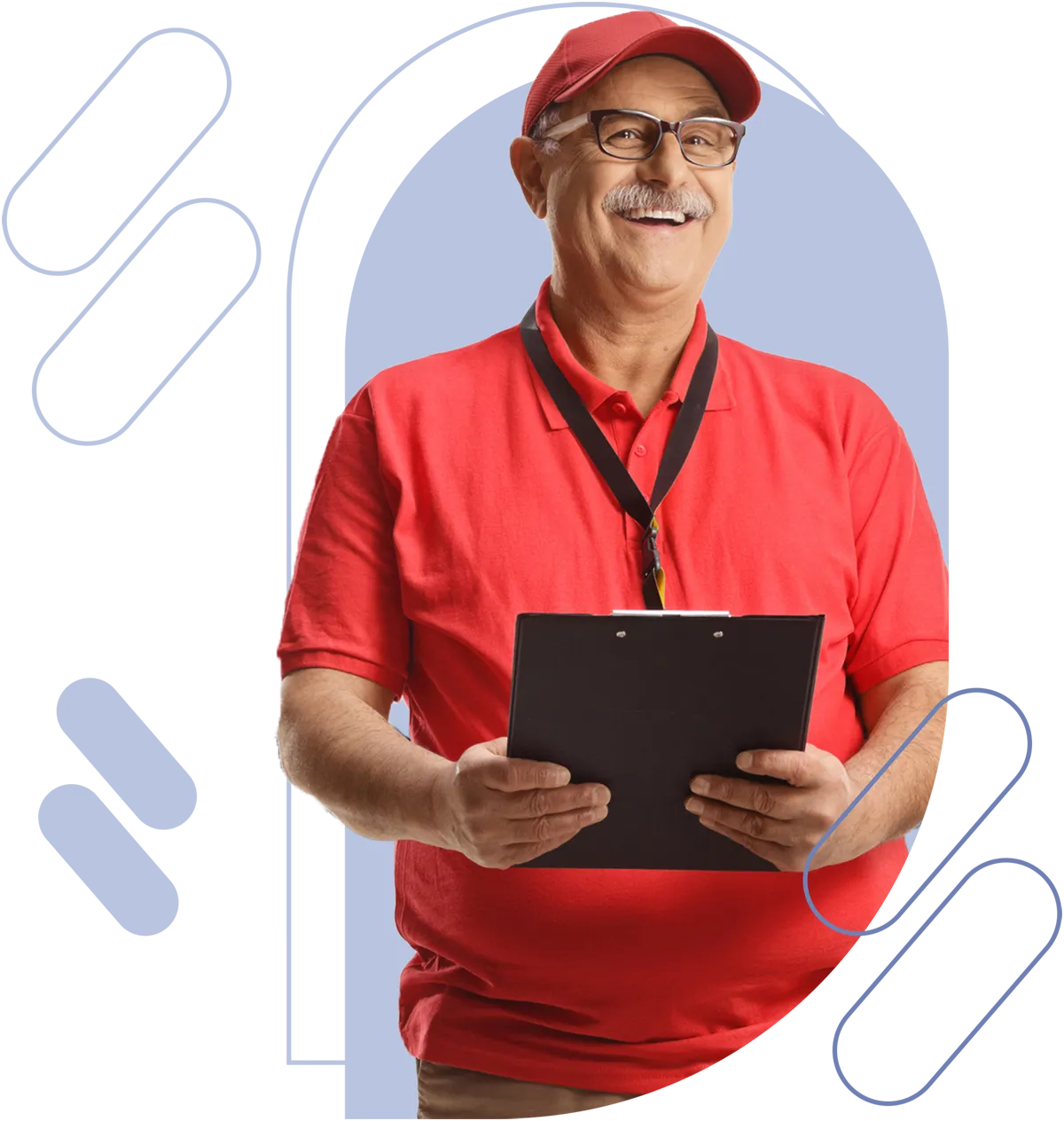 man wearing red shirt holding clipboard