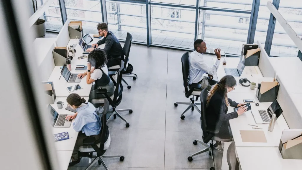 overhead view of productive team