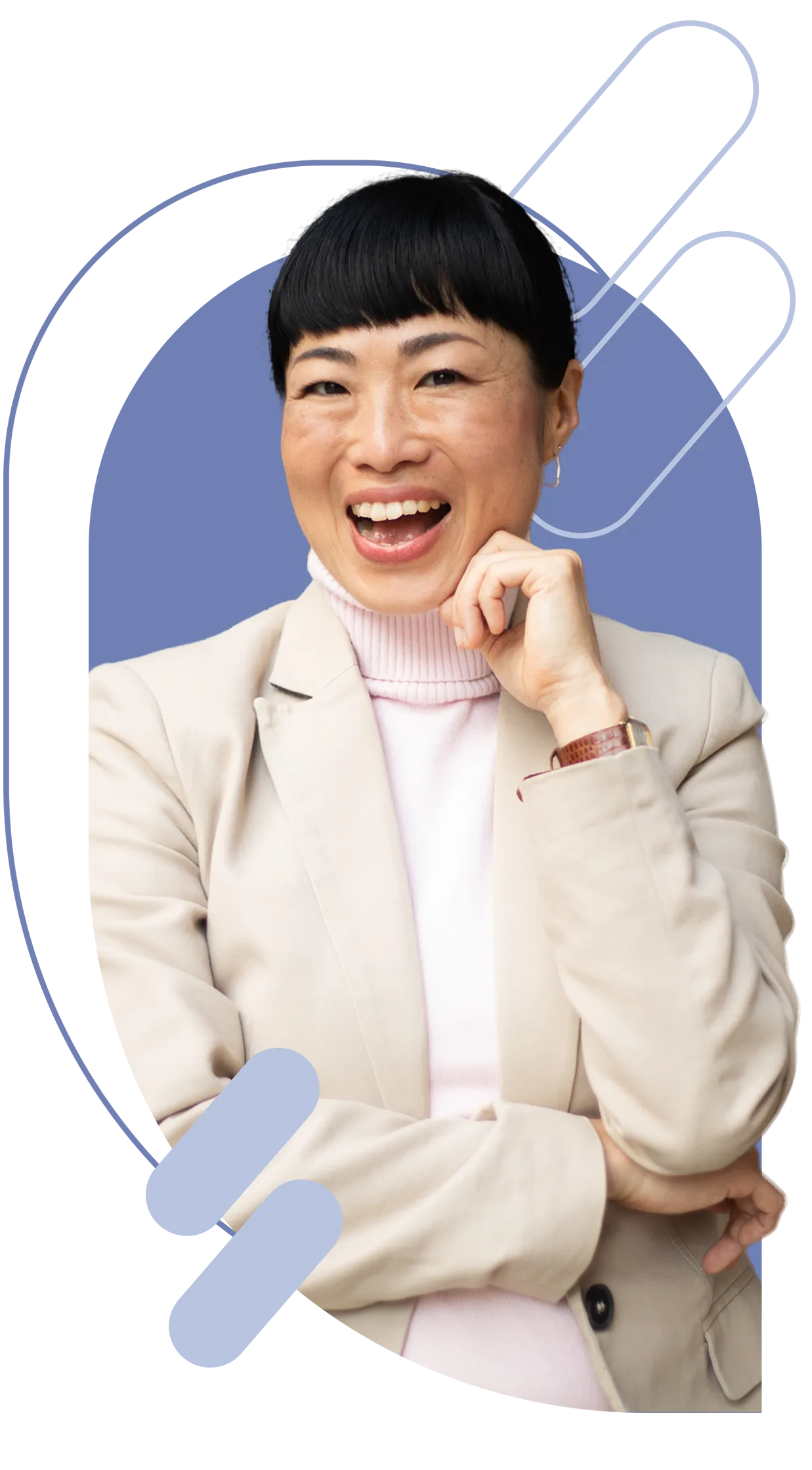woman wearing cream jacket with pink turtleneck sweater