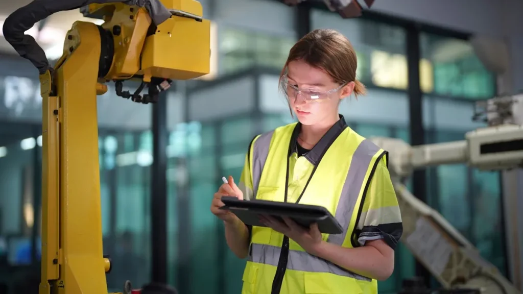 women wearing safety vest using computer tablet